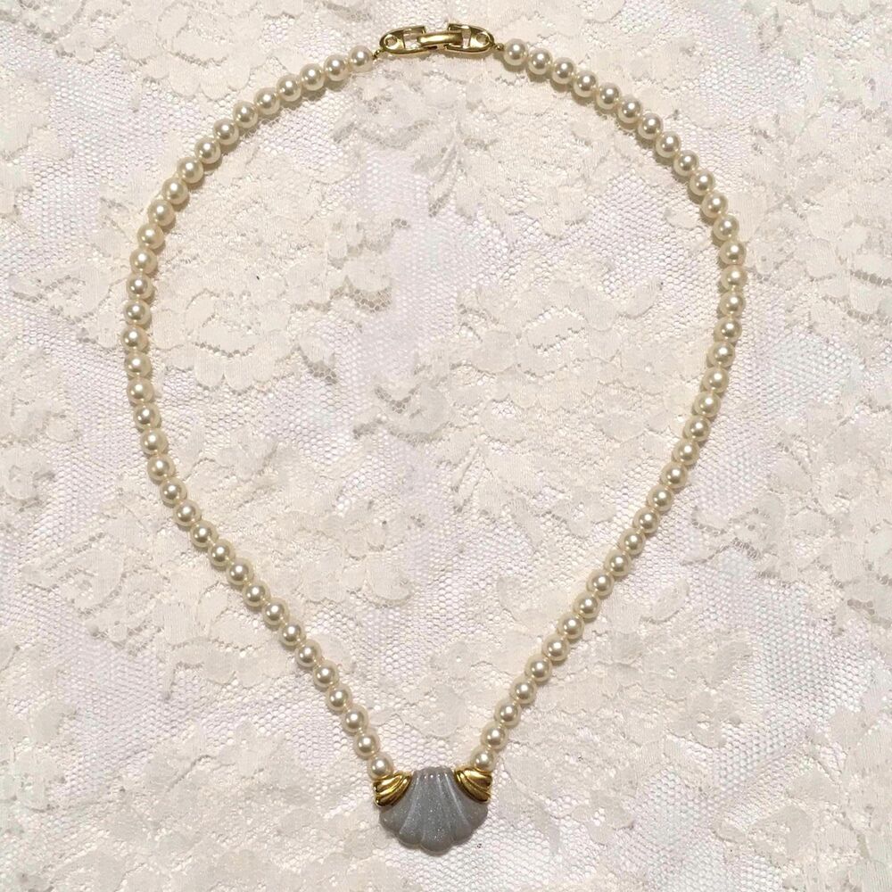Vintage Shell Pendant Faux Pearl Necklace, Art Deco Inspired Scallop, Mom gift